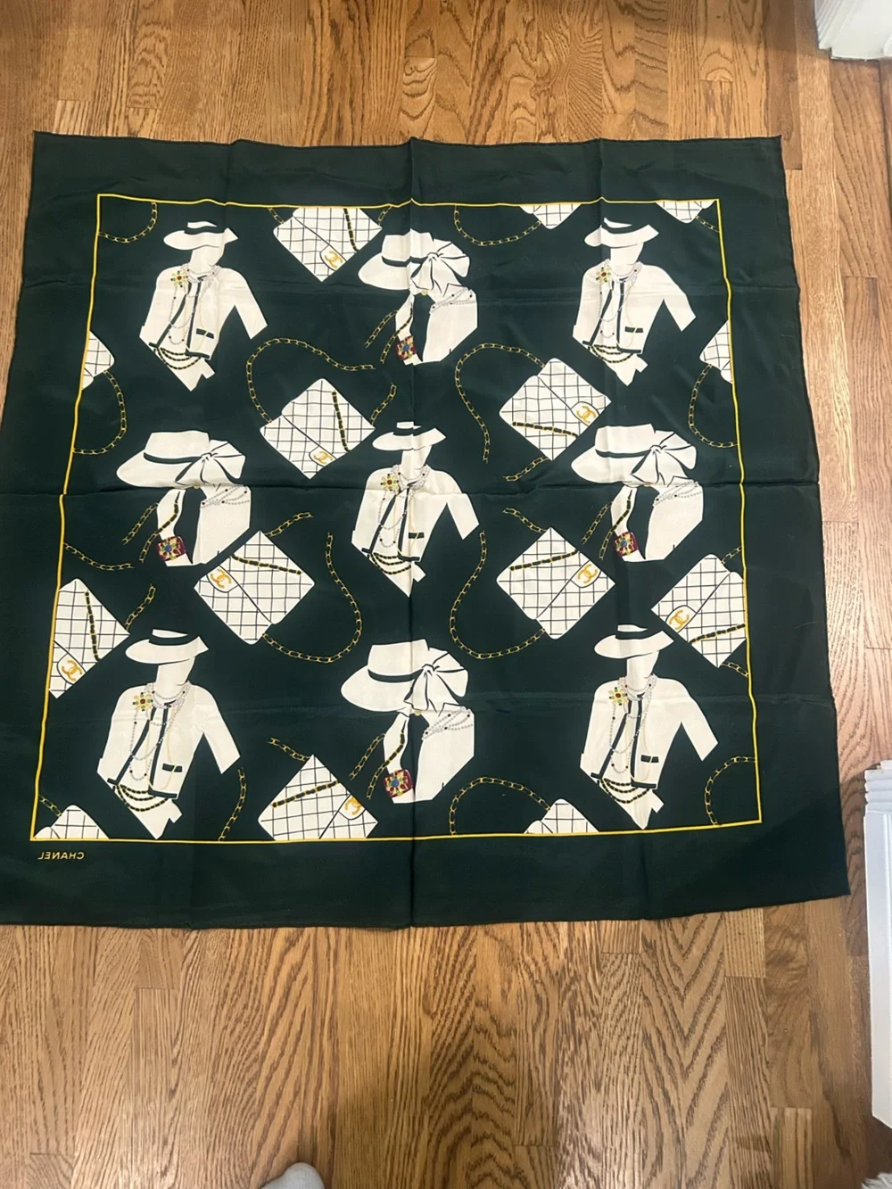 CHANEL Dark Green Silk Scarf with Silhouette of Ladies and Bags